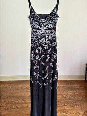 Vintage Tadashi Neiman Marcus XS Black Silver Beaded Floral Y2K Evening Gown XS
